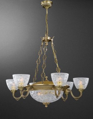 Люстра на 9 ламп в классическом стиле с бронзовым корпусом и стеклянными плафонами