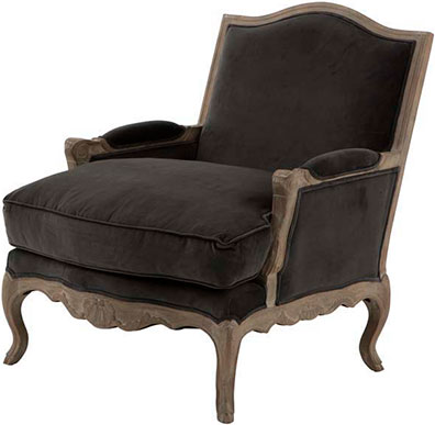 Мягкое кресло и подставка для ног из серого бархата и дуба Chair + Footstool Winston Rustic