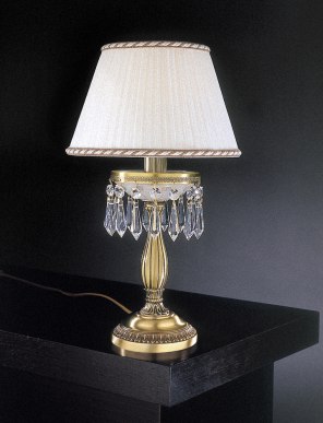 Настольная лампа среднего размера с корпусом из бронзы, текстильным абажуром и подвесками из хрусталя