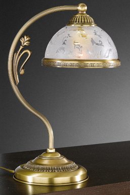 Бронзовая настольная лампа с фигурно изогнутым штоком и матированным плафоном, украшенным прозрачным узором