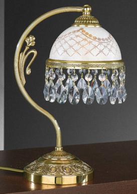 Настольная лампа из позолоченной бронзы с изогнутым штоком и плафоном из матового стекла, украшенная гранеными кристаллами
