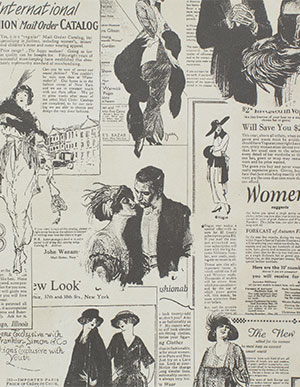 Обои для стен с рисунком в виде страниц из старинных рекламных журналов женской одежды Aura Memories G56121